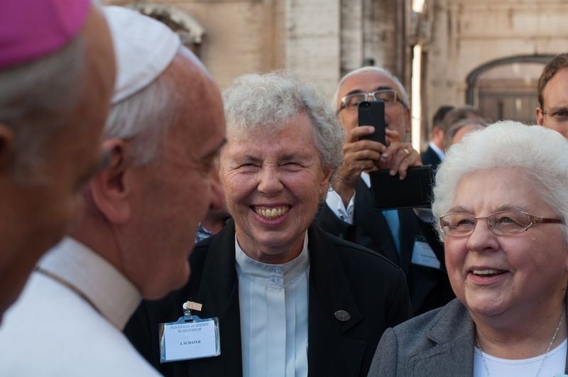 Jean Schafer, SDS, and Marlene Weisenbeck, FSPA, share at a Vatican anti-trafficking seminar.
